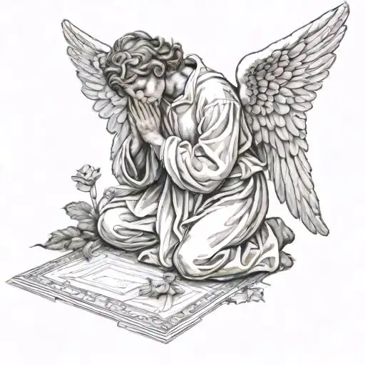 An angel praying at the floor looking down tattoo design idea