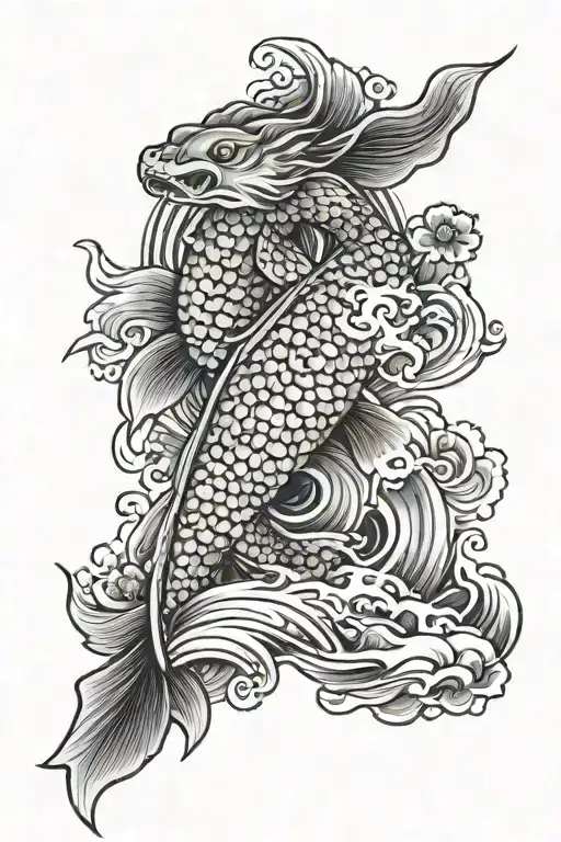 Koi fish waves cherry blossom samurai sun japan style tattoo design idea