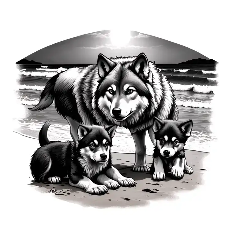 wolf mother with 2 puppies playing on the beach tattoo design idea