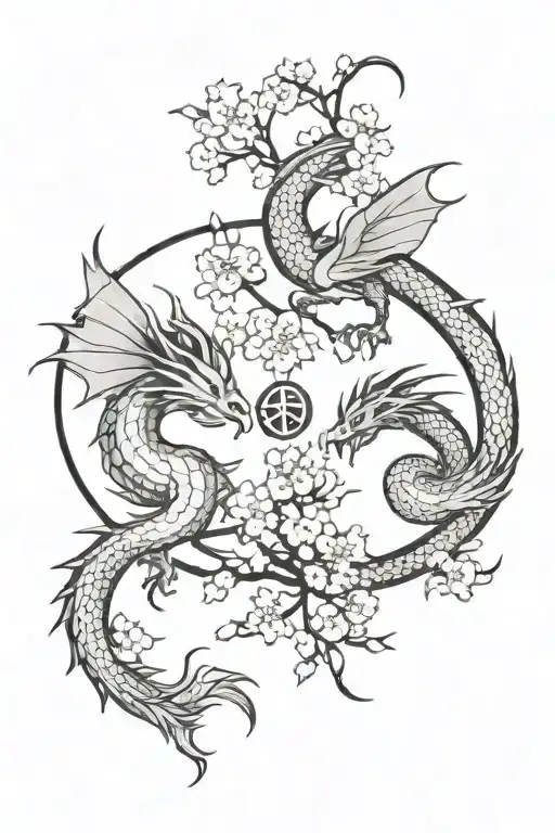 Dragon yang and Phoenix ying, a sun between the two that bind them, and a branch of cherry blossom tattoo design idea