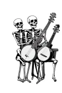 3 skeletons jamming sitting beside each other banjo sitar bass grateful dead style tattoo design idea