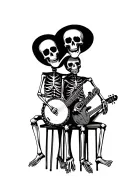3 skeletons jamming sitting beside each other banjo sitar bass grateful dead style tattoo design idea