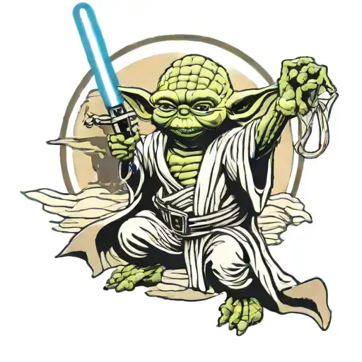 yoda holding a light saber with death star behind him  tattoo design idea