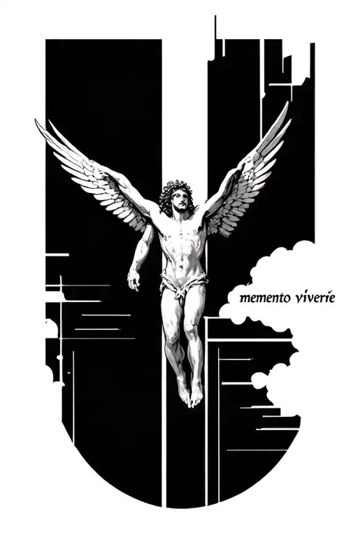 Icarus falling to the ground with geometric lines in the background and a text vertically "memento viviere" on the side tattoo design idea