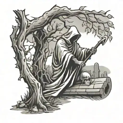 grim reaper in graveyard with a tree tattoo design idea