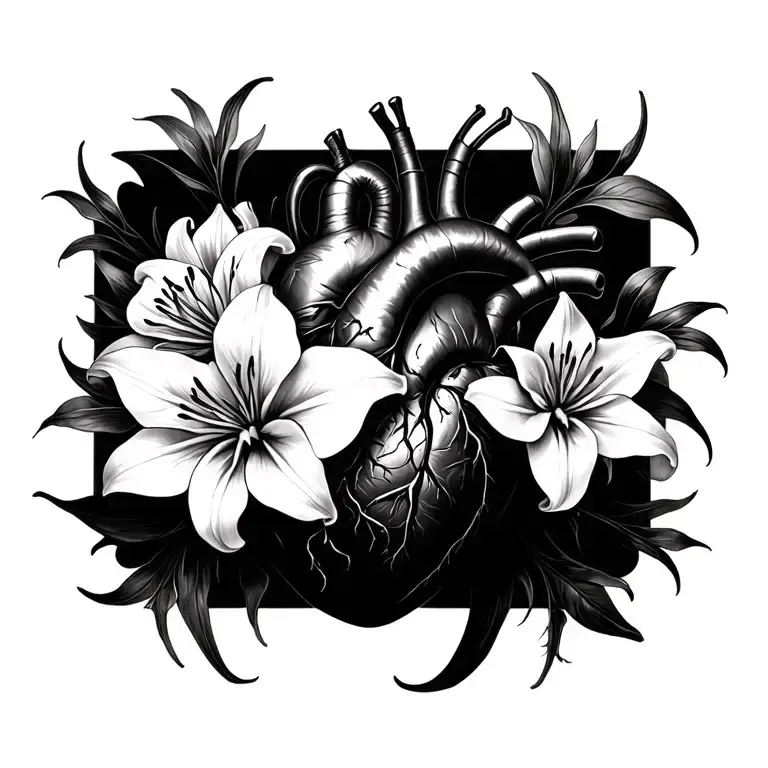 anotomically correct human heart with spider lilies surrounding it and wrapping it  tattoo design idea