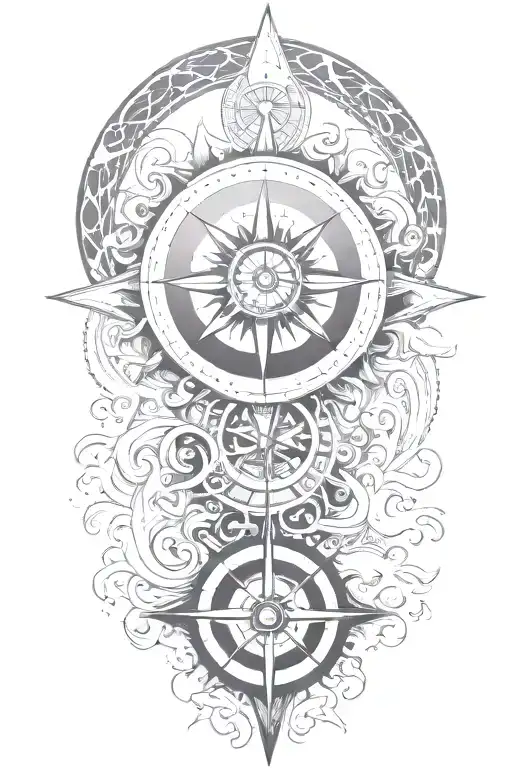 A stylized sun and compass merging together, surrounded by flowing water patterns, symbolizing the client's love for the ocean and navigation tattoo design idea