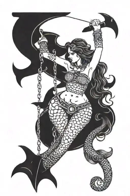 A mermaid with model looks sits on a large admiralty anchor, which is wrapped in chains tattoo design idea