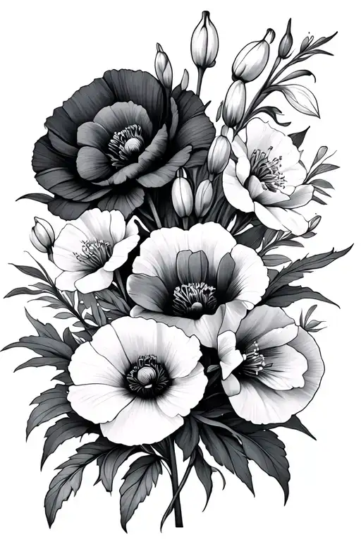 gladiolus, poppy, carnations, and snowdrop flowers tattoo design idea