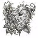 A floral heart design with hidden butterflies and dancing figures, symbolizing love and passion for family and hobbies, in a dotwork style tattoo design idea