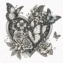 A floral heart design with hidden butterflies and dancing figures, symbolizing love and passion for family and hobbies, in a dotwork style tattoo design idea