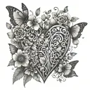 A floral heart design with hidden butterflies and dancing figures, symbolizing love and passion for family and hobbies, in a dotwork style tattoo design idea