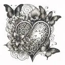 A floral heart design with hidden butterflies and dancing figures, symbolizing love and passion for family and hobbies, in a dotwork style tattoo design idea