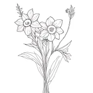 daffodil, Larkspur, honeysuckle, in bouquet tided with string (fineline tattoo, nonrealistic, simple)  tattoo design idea
