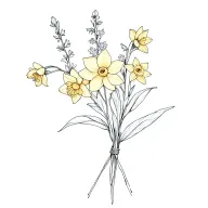 daffodil, Larkspur, honeysuckle, in bouquet tided with string (fineline tattoo, nonrealistic, simple)  tattoo design idea