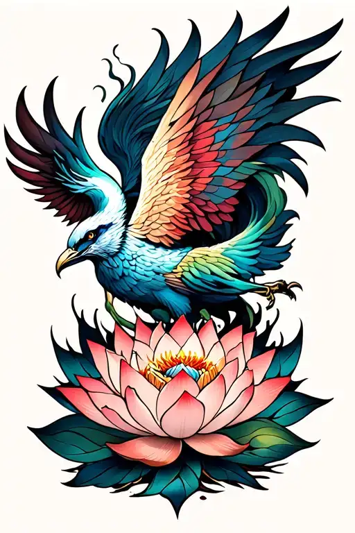 A lotus flower blooming and a phoenix rising from ashes tattoo design idea