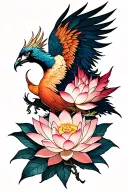 A lotus flower blooming and a phoenix rising from ashes tattoo design idea
