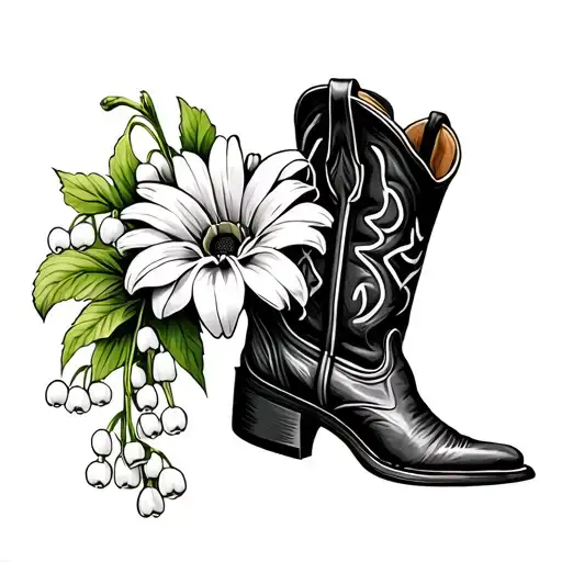 a cowboy boot with a lily of the valley flower, daisy flower, marigold flower coming out of it tattoo design idea