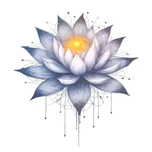 deep space themed objects and orbiting stars with trajectories around the lotus. dark colors, lexploding star in center  tattoo design idea