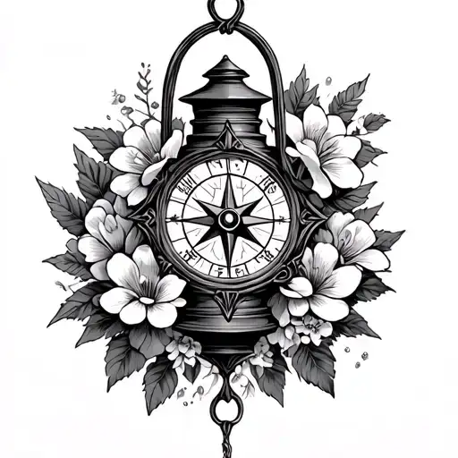 gothic lantern surrounded by flowers wrapped around compass tattoo design idea