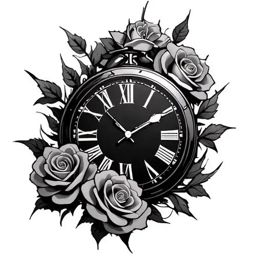 clock with roses and thorns tattoo design idea