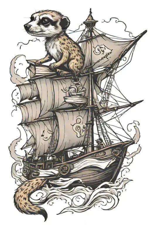 meerkat, books, pirate ship sailing through stormy tattoo design idea