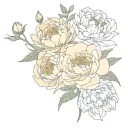Peony, Watter lilly, Chrysanthemum, and Larkspur flower bouquet one of each flower. tattoo design idea