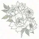 Peony, Watter lilly, Chrysanthemum, and Larkspur flower bouquet one of each flower. tattoo design idea