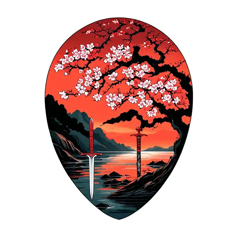 cherry blossom tree on flowing river side with sword in the ground tattoo design idea