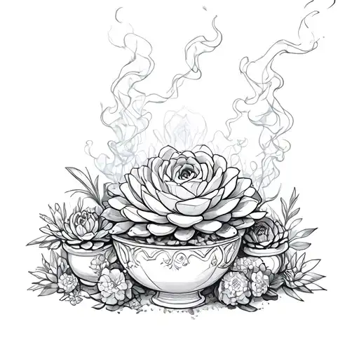 centrepiece succulent surrounded by others with smoke tattoo design idea