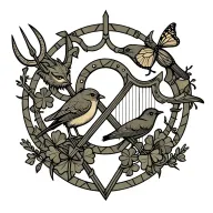 a devil with trident and a robin bird and a butterfly and a shamrock and a harp and horseshoe tattoo design idea