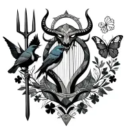 a devil with trident and a robin bird and a butterfly and a shamrock and a harp and horseshoe tattoo design idea