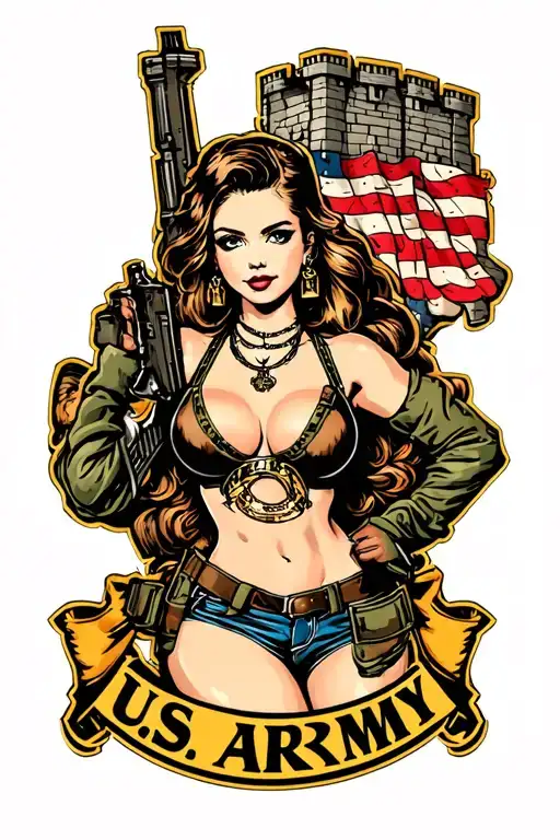 sexy PIN UP GIRL, US ARMY Engineer castle logo, full body view tattoo design idea