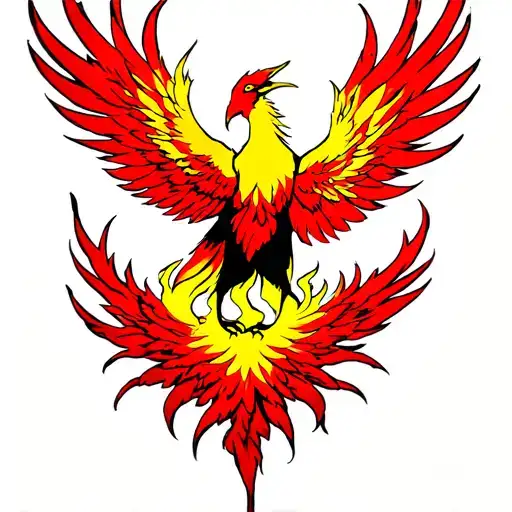 red and yellow phoenix rising from ashes symbolizing overcoming PTSD tattoo design idea