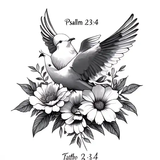 flowers, doves, psalm 23:4 tattoo design idea