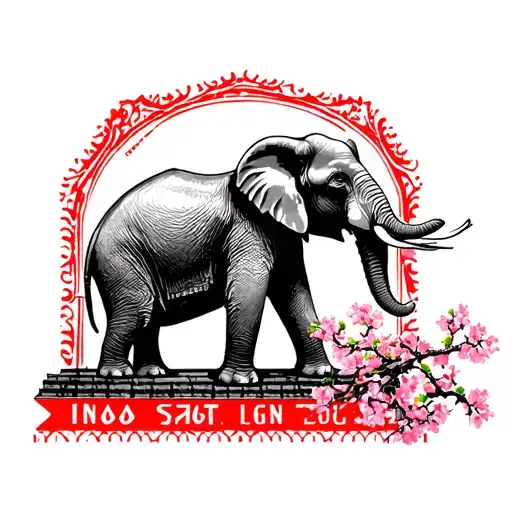black & white elephant inside a red outline postage stamp. angkor wat in background. pink cherry blossom branc at bottom tattoo design idea
