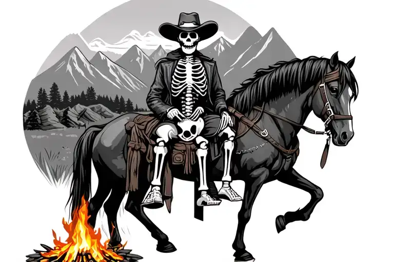 skeleton cowboy and his horse sitting by a fire in the mountains tattoo design idea