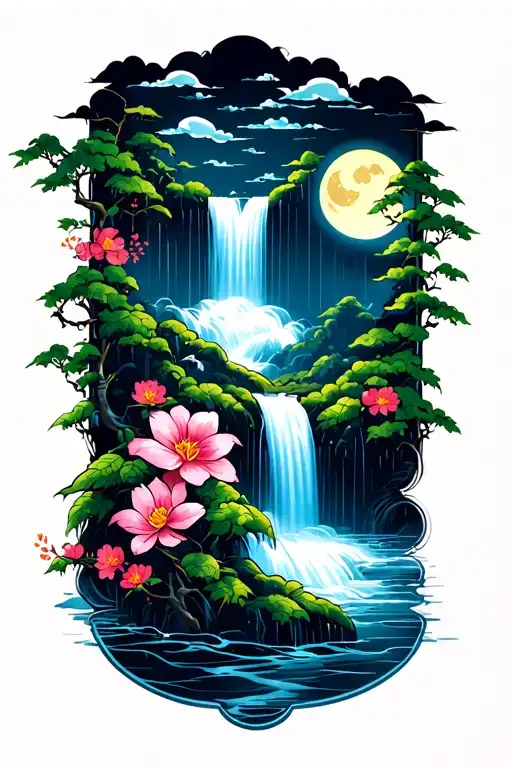 sun moon cloudy rain waterfall flower vine going thru tattoo design idea