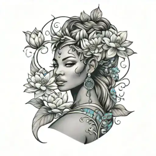 Mother Nature instead of pitcure do name Alamisha Jones with african turquoise and surrounded in lotus flowers tattoo design idea