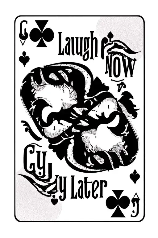 playing cards with Laugh now, cry later mask tattoo design idea