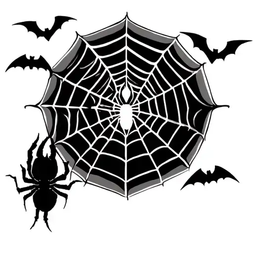 big spider web with spider in middle with bats flying up the arm tattoo design idea