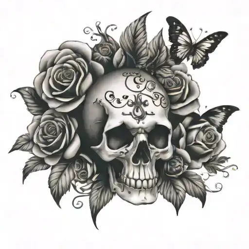 skull roses butterflies flying tattoo design idea