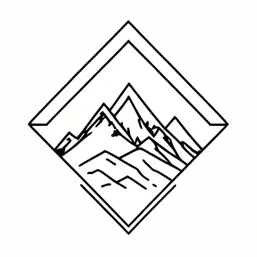 simple tattoo design, thin lines, geometric, a mountain inside a rhombus, snow, beer, snowboard tattoo design idea