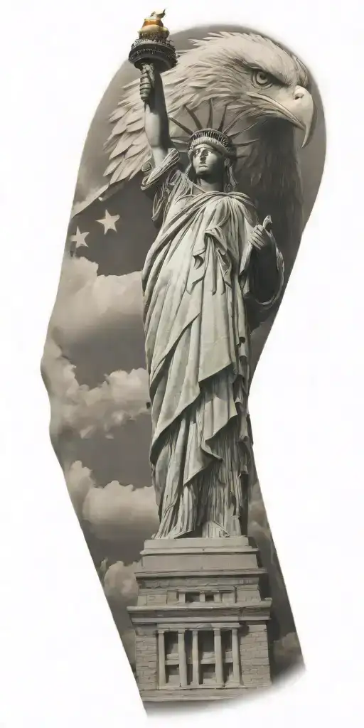 Statue of Liberty with liberty bell and eagle tattoo design idea