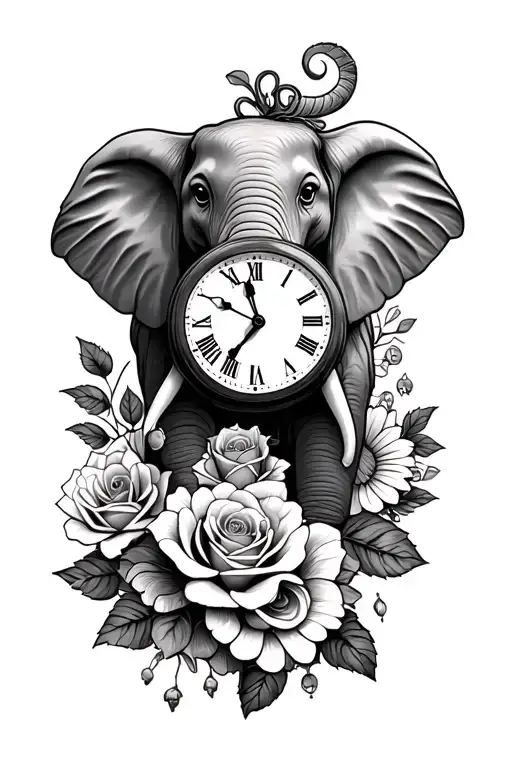 "Jude Daisy" elephant, clock face, roses intertwined tattoo design idea