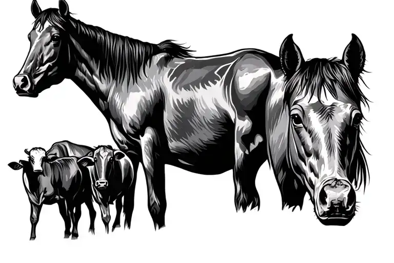 triple cross ranch landscape with cattle horses tattoo design idea