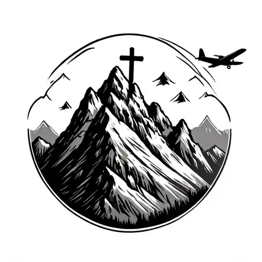 mountains with a cross on the peak and a  small airplane flying by tattoo design idea