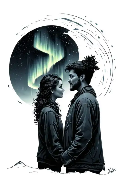 couple watching the aurora borealis tattoo design idea