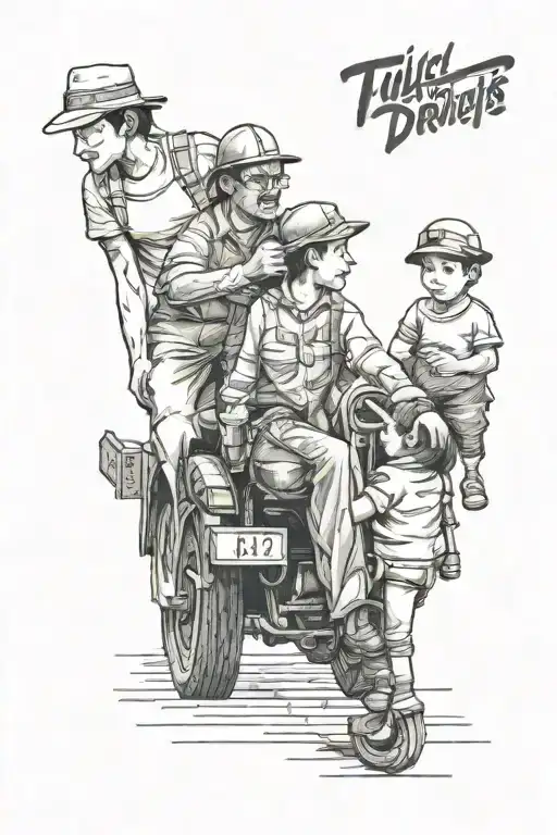 Children meet their father from the truck driver tattoo design idea