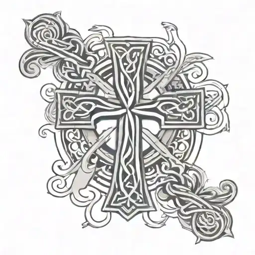 a Celtic cross in between the pecs, Family in cursive on the left pec, Faith in cursive on the right pec tattoo design idea